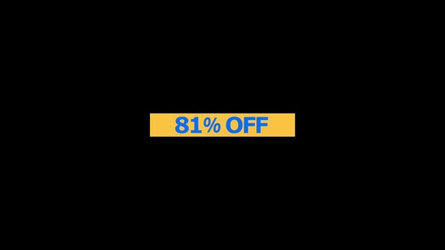 A bright yellow rectangular banner featuring the bold blue text 81 percent off isolated on a solid black background for retail sales and promotional marketing campaigns