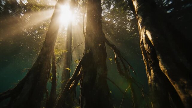 Flooded Amazon rainforest cinematic river journey, tropical forest, biodiversity and nature conservation concept
