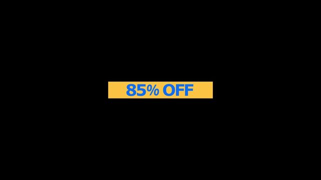 A yellow rectangular banner featuring the bold blue text 85 percent off isolated on a black background for retail sales and marketing promotions