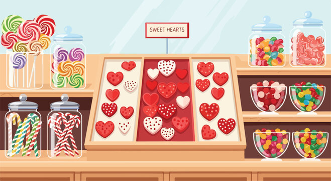 Colorful candy store counter with sweets