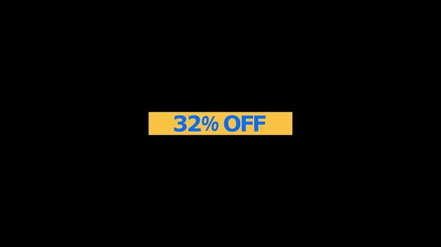 A rectangular yellow banner featuring the text 32 percent off in bold blue sans serif font centered on a solid black background for retail sales and marketing promotional