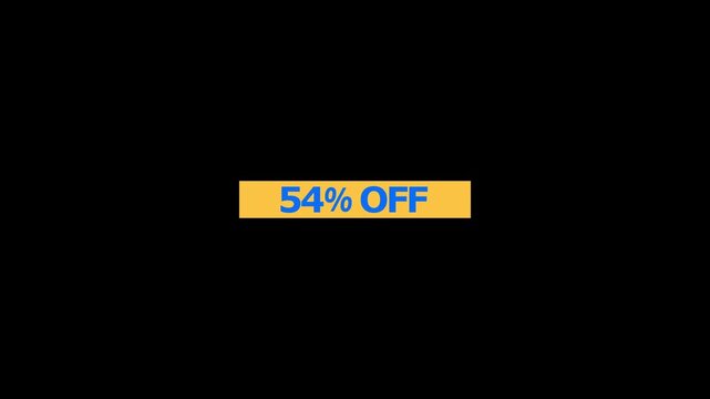 Fifty four percent off promotional banner with bold blue text on a rectangular yellow background isolated on a black background for retail marketing and sales events