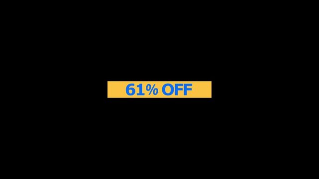 A bold displaying sixty one percent off text in blue letters centered on a rectangular yellow banner isolated on a solid black background for retail sales and marketing promotions