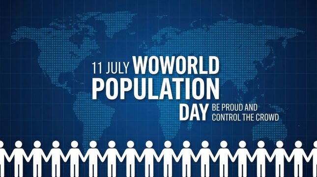World population day graphic design with global map backdrop and human chain representing unity effort.