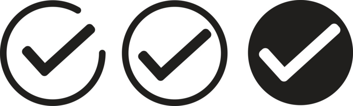 set of black check mark sign inside circle png file transparent background. approved done success checkmark concept