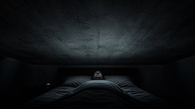 Person lying awake in cramped dark bedroom with low ceiling pressing down, claustrophobia and sleep paralysis concept, insomnia, anxiety, night terror.