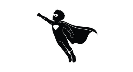 Flying superhero child in costume black silhouette high quality professional detailed © Digonto