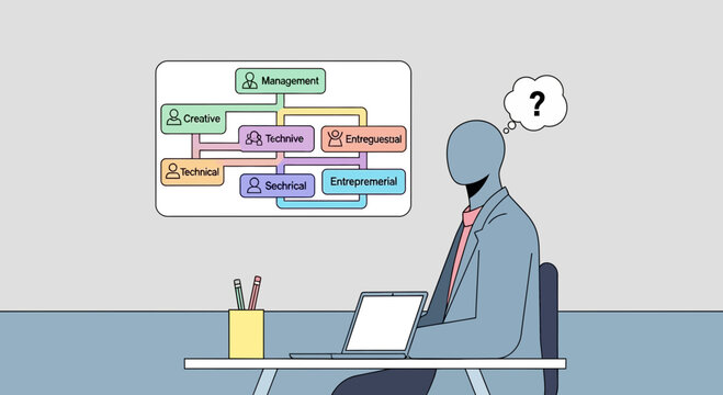 Business professional contemplating organizational structure diagram.