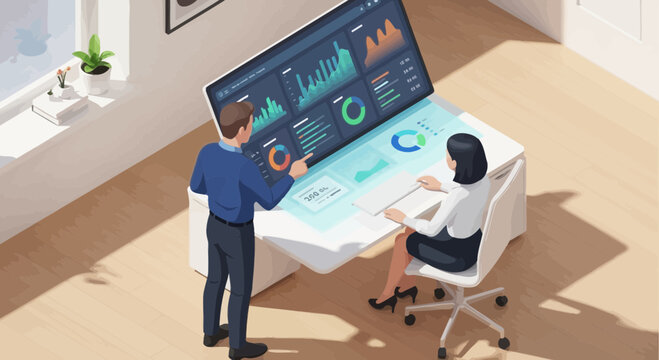 Business professionals analyzing data on futuristic interactive desk.