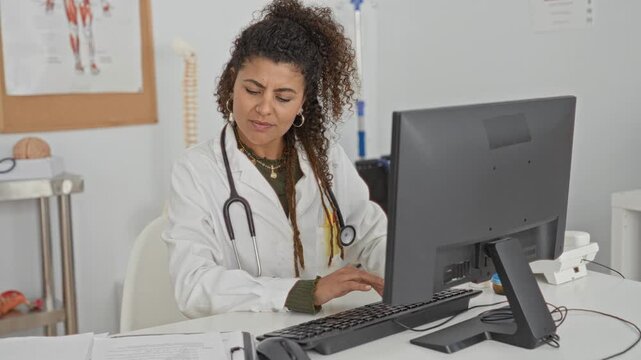 Woman doctor typing on keyboard with stethoscope and visible hands at desk in building with computer monitor and anatomy chart nearby; focused care compassion.