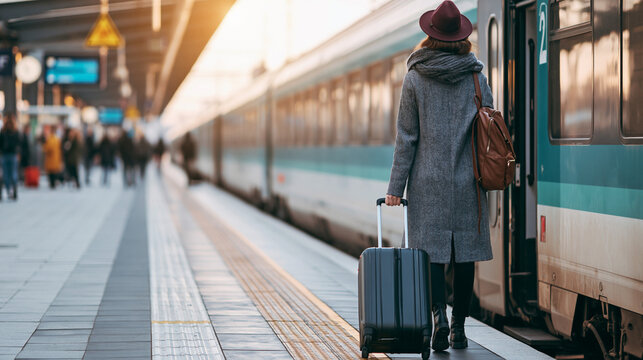 Woman waiting with suitcase at railway station platform, solo travel and public transportation concept
