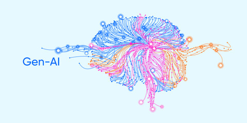 Illustration of abstract stream, AI brain concept. Artificial intelligence. Big data, technology, AI, data transfer, data flow, large language model, generative AI, LLM, NLP. NLG  © Krot_Studio