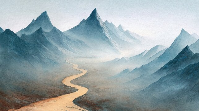 A winding path leads through a misty mountain range with sharp, jagged peaks under a soft, cloudy sky.