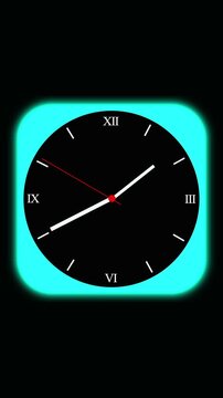 Animated black clock face with Roman numerals and border. Animated black clock face time animation. Minimalist glowing clock face on cyan background.
