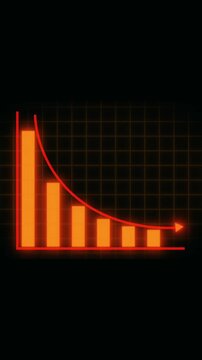 Neon orange bar chart showing downward trend with arrow. Neon orange bar chart graph decrease. Orange bar chart showing decreasing values on grid.