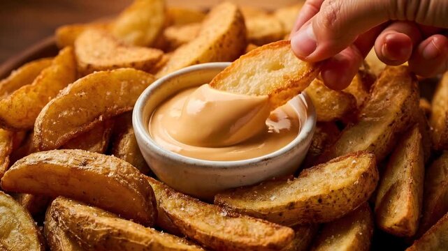 Crispy Potato Wedge Dipped in Thick Cheese Sauce, Macro Close-Up Food Video for Restaurant Menu and Snack Campaign