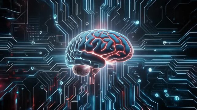 Glowing brain merging with digital circuits futuristic technology animation for innovation and artificial intelligence