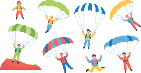 Parachuting people collection set, skydiving adventure characters illustration, extreme sport vector for outdoor recreation concept © Sume