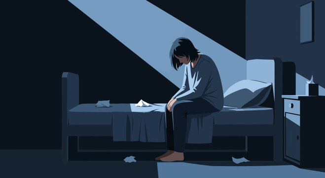 A Person Sitting Alone On Bed In a Dark Room, Feeling Sad and Depressed