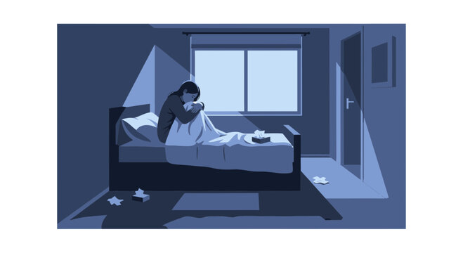 A Person Sitting On a Bed in a Dimly Lit Bedroom Expressing Sadness