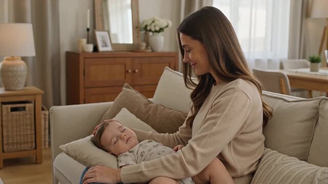 Tender Moment: Young Mother Gaze Lovingly at Her Sleeping Infant Son on Sofa, Expressing Deep
