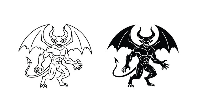 Demon monster with wings and horns icon set in line art and solid black silhouette style isolated on white background for fantasy and horror design elements vector illustration