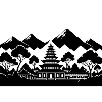 Black and white vector illustration of traditional pagoda with mountain silhouette background