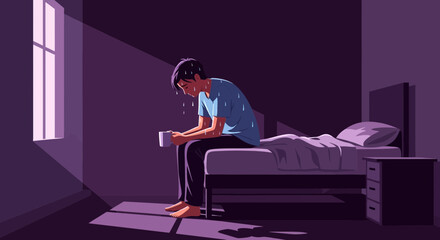 Fototapeta premium A Person Sitting On The Edge Of The Bed Looking Tired And Overwhelmed, With A Cup