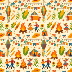 Obraz premium Seamless pattern with Festa Junina elements like straw hats, flags, and sweets