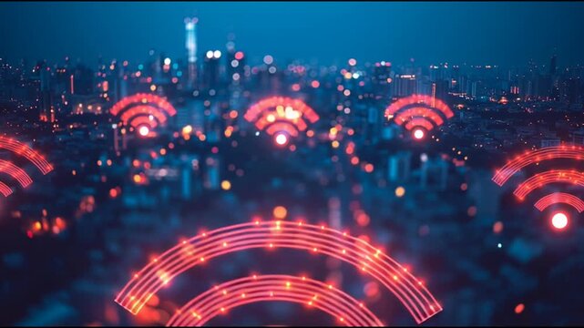 Smart digital Innovation City of the business world with connection financial business data all the time network reciprocity over the twilight cityscape. of future cyber security wireless digital city