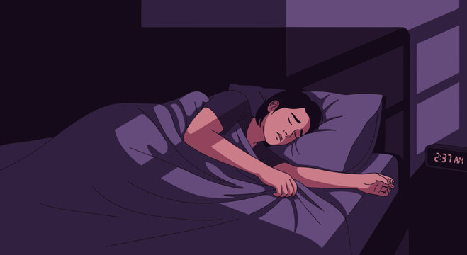 A Person Sleeping Peacefully In Bed With A Time Displayed Clock at Night
