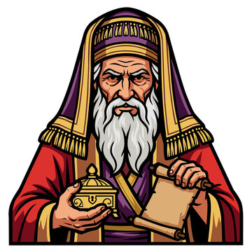 Ancient Biblical King Herod Illustration Holding Hebrew Scroll and Golden Treasure Box