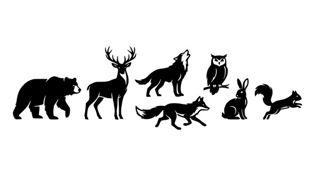 Forest animal black silhouette vector set wildlife group illustration on white background