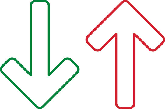 Green down arrow and red up arrow isolated on white background