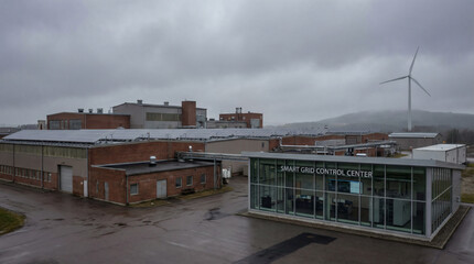 Fototapeta premium Smart Grid Control Center with Solar Panels and Wind Turbine