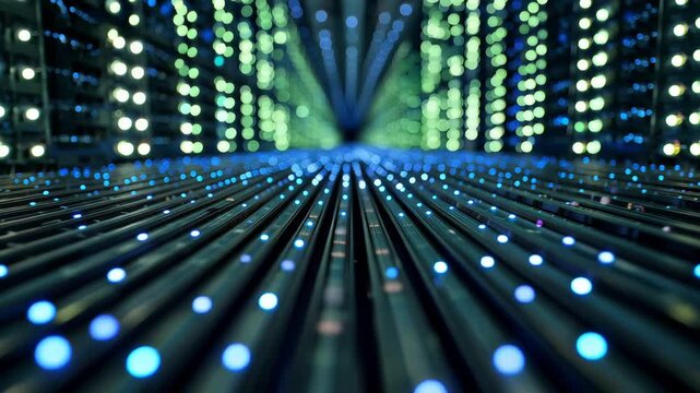 4K Abstract digital background with glowing blue and green led lights arranged in parallel rows, creating a sense of depth and technological connectivity video
