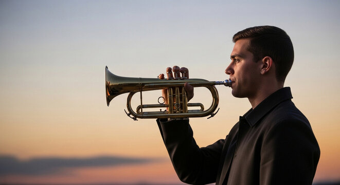 A man in a dark jacket plays a trumpet outdoors against a soft, hazy sunset sky.