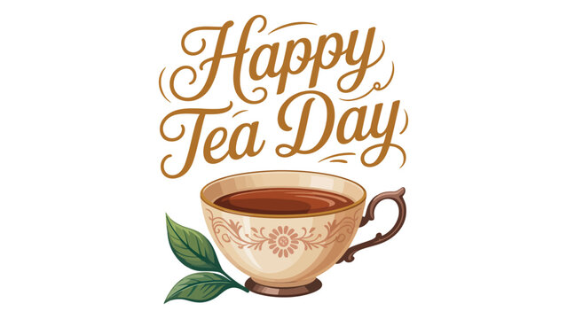 happy tea day vintage teacup illustration with elegant typography and green leaves for beverage celebration, cafe branding and social media design 