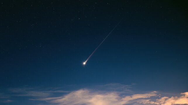 Bright shooting star streaking across the dark night sky with a glowing trail above soft clouds in a long exposure astronomical photograph capturing a celestial event