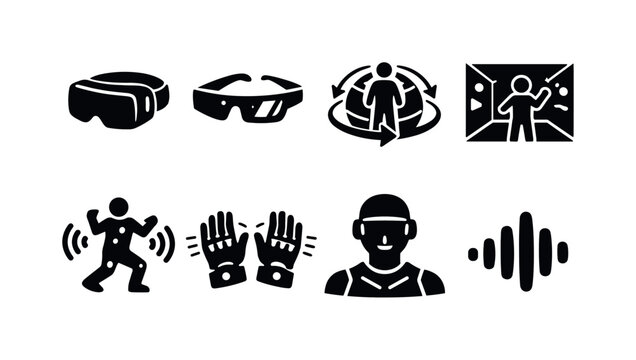 Immersive experiences. Filled icon set of immersive experiences: VR headset, AR glasses, 360 environment,