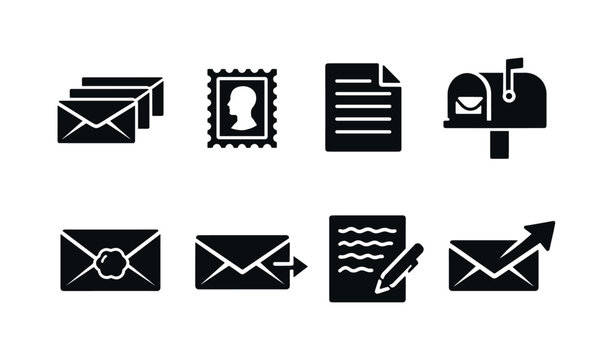 Postal correspondence. Filled icon set of postal correspondence: envelope stack, postage stamp, letter paper,