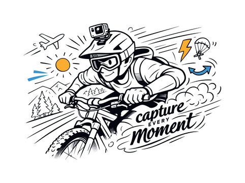 Action cameras. Athlete capturing a high-speed moment with a compact action camera mounted on a helmet,