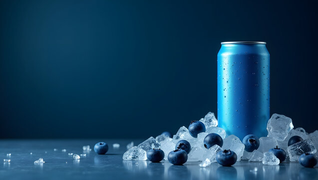 Wide Blue Beverage Banner with Ice Cubes and Blueberries on Dark Background