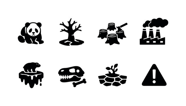 Biodiversity loss. Filled icon set of biodiversity loss: endangered animal, dead tree, deforestation,