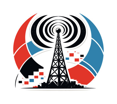 vintage radio antenna emitting layered arc-shaped waves in black and white, cut-out effect with white outline,