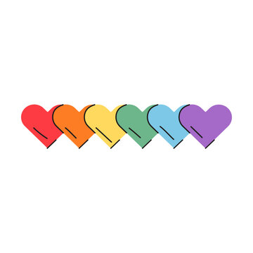 Retro rainbow heart border with six colorful hearts in a row isolated on white. 90s aesthetic divider element in LGBTQ flag colors for LGBTQ pride month celebration, digital design, social media. 
