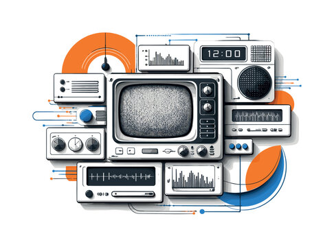 retro television interface layout deconstructed into geometric panels, monochrome elements combined with