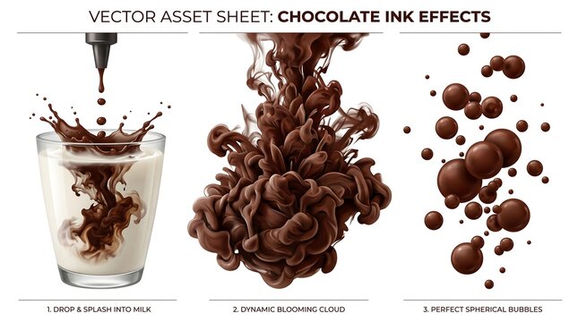 Chocolate ink effects splash in milk dynamic blooming cloud and perfect spheres vector assets for food design and advertising