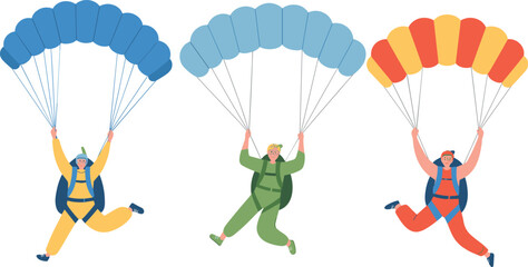 Skydivers with parachutes collection, extreme sport adventure illustration, colorful vector for outdoor recreation and travel © Sume