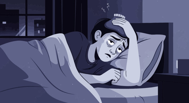 A Person Suffering From Illness Lying Awake In Bed Feeling Exhausted at Night